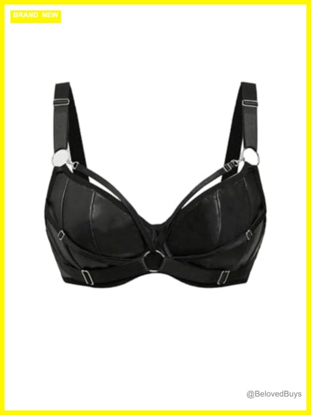 Women's PU Leather Push Up Underwire Bra with Metal Ring Details
